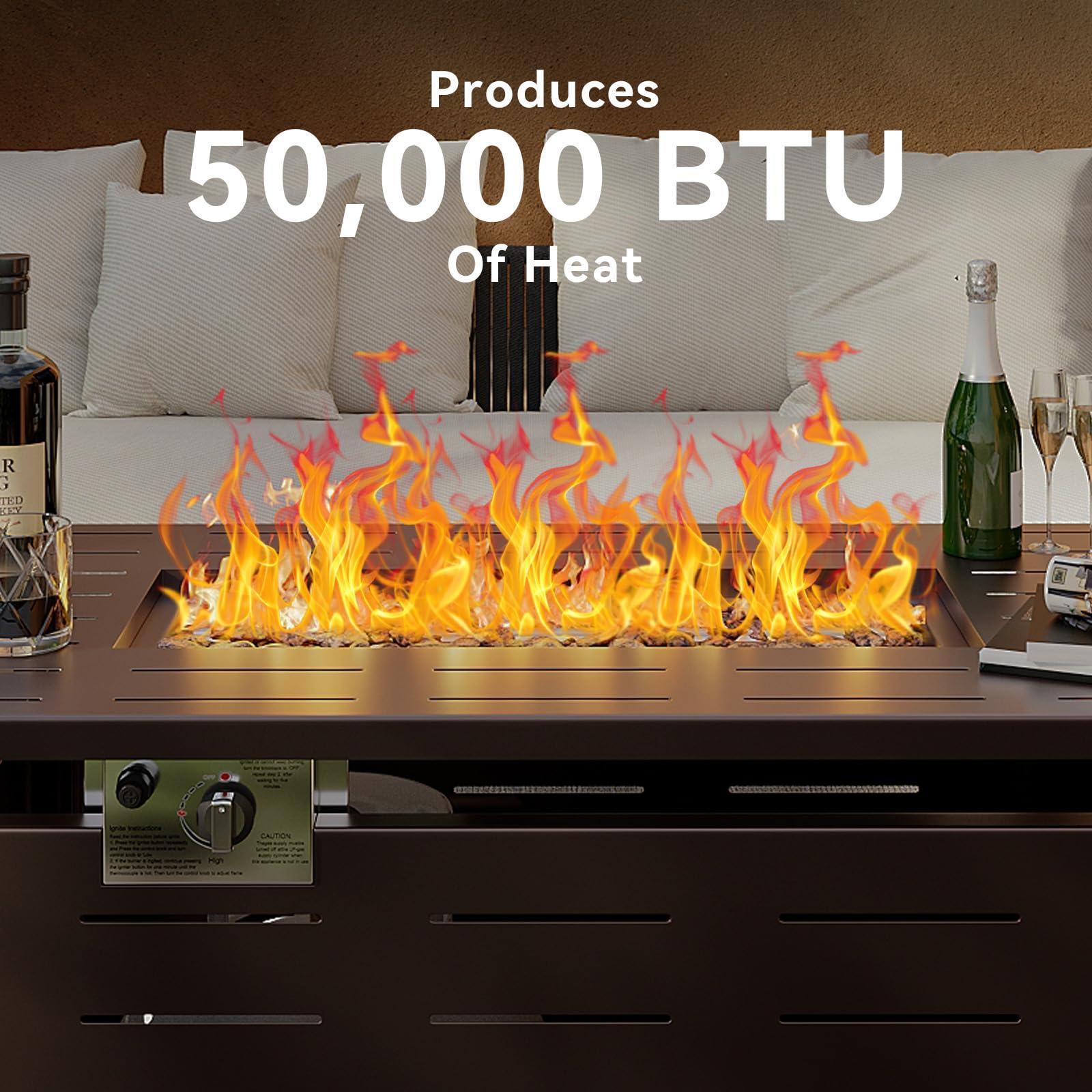 40 inch Propane Fire Pit Table Outdoor - 50,000 BTU Gas Fire Table with Lid & Rocks, Waterproof Cover Metal Clearance Firepit for Patio, Backyard, Deck (Rectangular Steel, 40"/44", Black/Brown)
