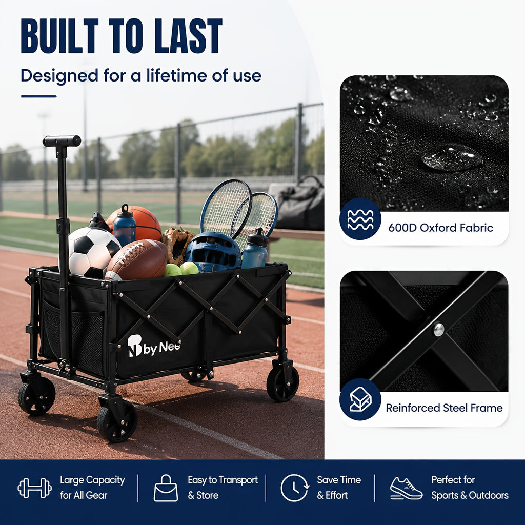 Multiple Sizes Heavy Duty Collapsible Folding Wagon Cart with Wheels, All Terrain Folding Utility Cart with Steel Frame And 600D Oxford Fabric, No Assembly Required, Portable Garden Wagon with Tool Holder for Camping, Gardening, Beach, Pet Walking