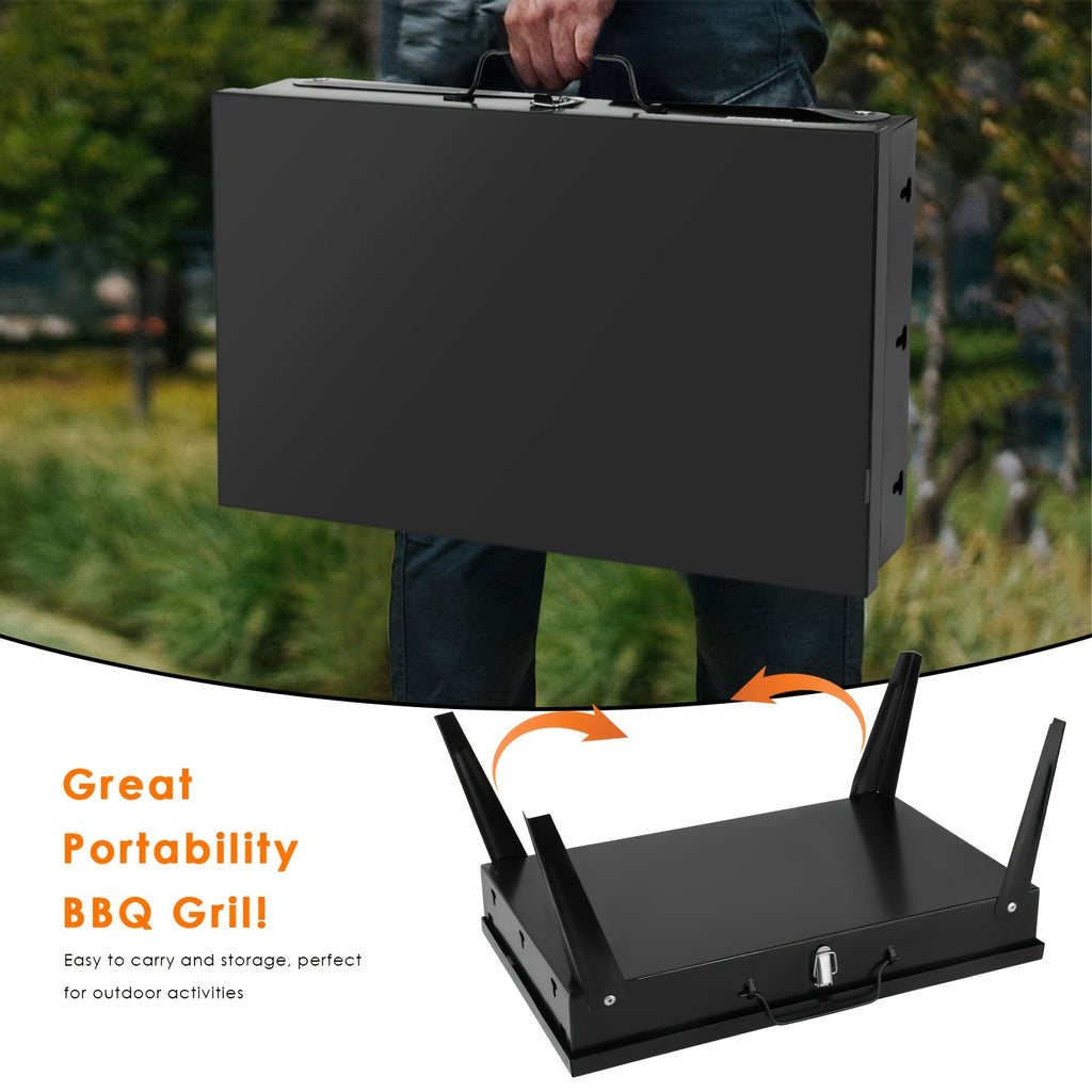 Portable Charcoal BBQ Grill, Small Outdoor Foldable Barbecue Grill, Collapsible Camping Grill with BBQ Accessories & Windshield, Ideal for Outdoor Picnic & Backyard Use, Father's Day Gift for Dad, BBQ Gifts for Men