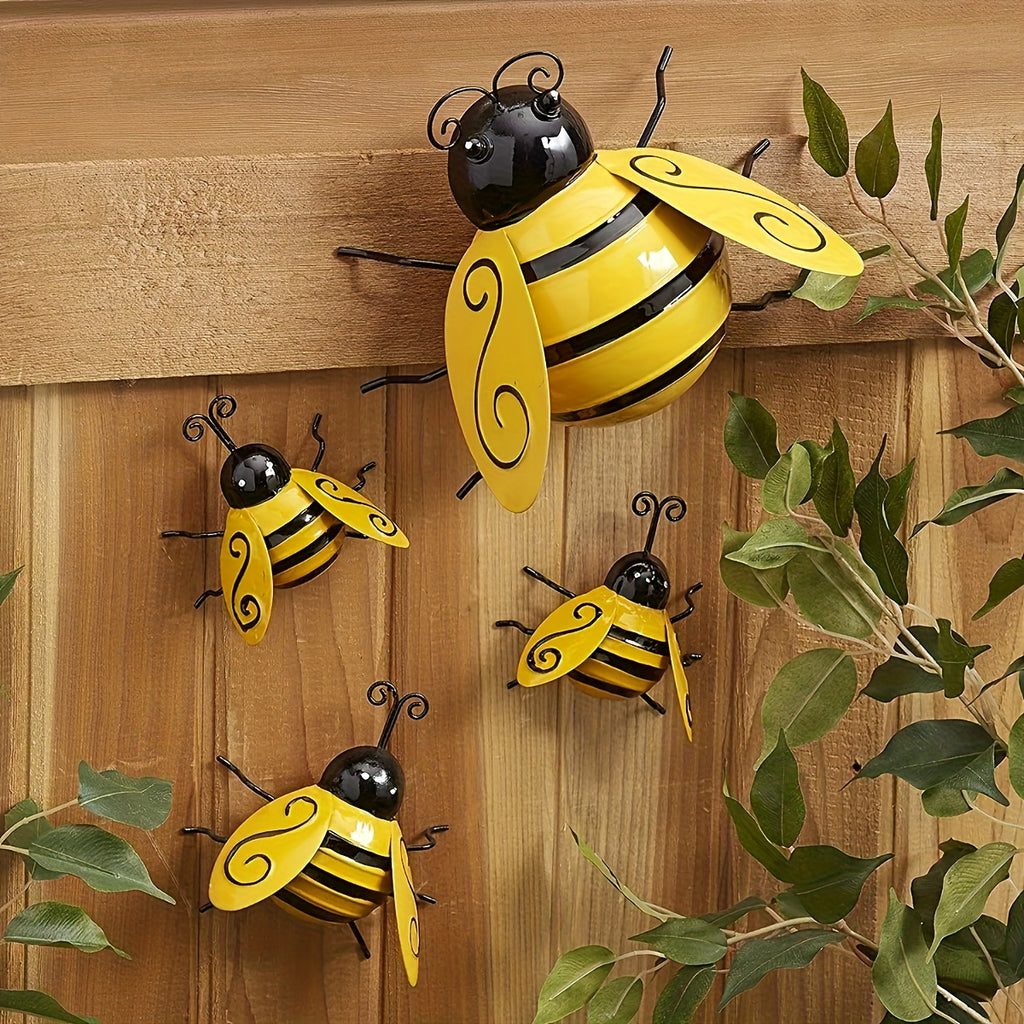 [Bumblebee Wall Decor] 4pcs Set Metal Bumblebee Wall Decor, 3D Wrought Iron Bee Art Sculpture Wall Hanging, Suitable for Outdoor Home Garden, Spring, Summer