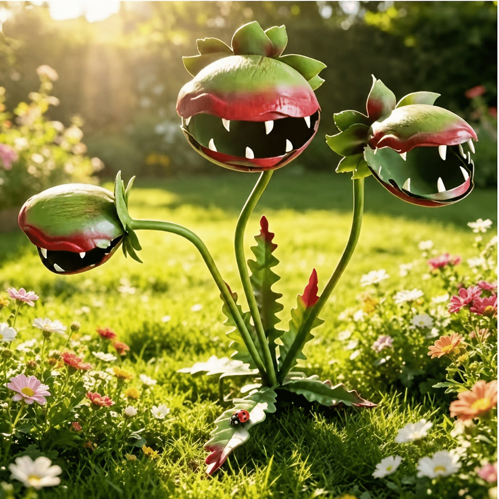 [3D] [3D] Fun Meat Garden Plaque, Garden Decor for Outside, Halloween Decorations, 3D Terrifying Painted Metal Three-headed Outdoor Flower Meat Sculpture Plaque, Garden Vegetable Climbing Structure, Flowerpots, Garden And Lawn Decoration Plaque