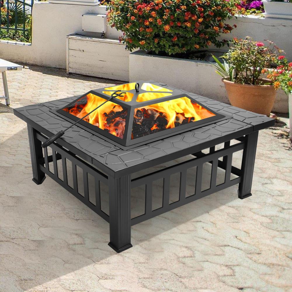 28 Inch Outdoor Fire Pit Firepit Table Metal Outdoor Fireplaces for Outside Patio Camping Black
