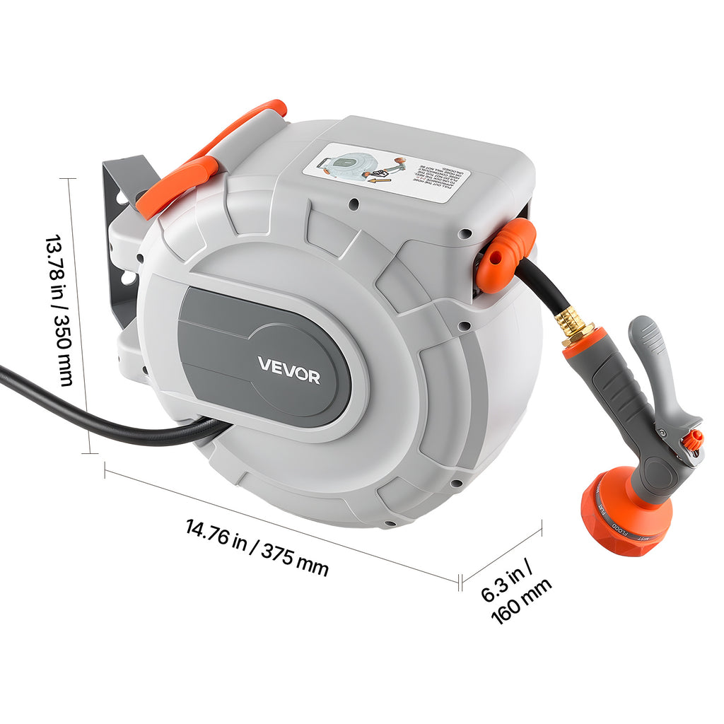 VEVOR Retractable Garden Hose Reel, 1/2 in x 50 ft, Wall Mounted Hose Reel with 9-Function Sprayer Nozzle and 180° Swivel Bracket, Any Length Lock, Automatic Slow Rewind System, for Garden Watering