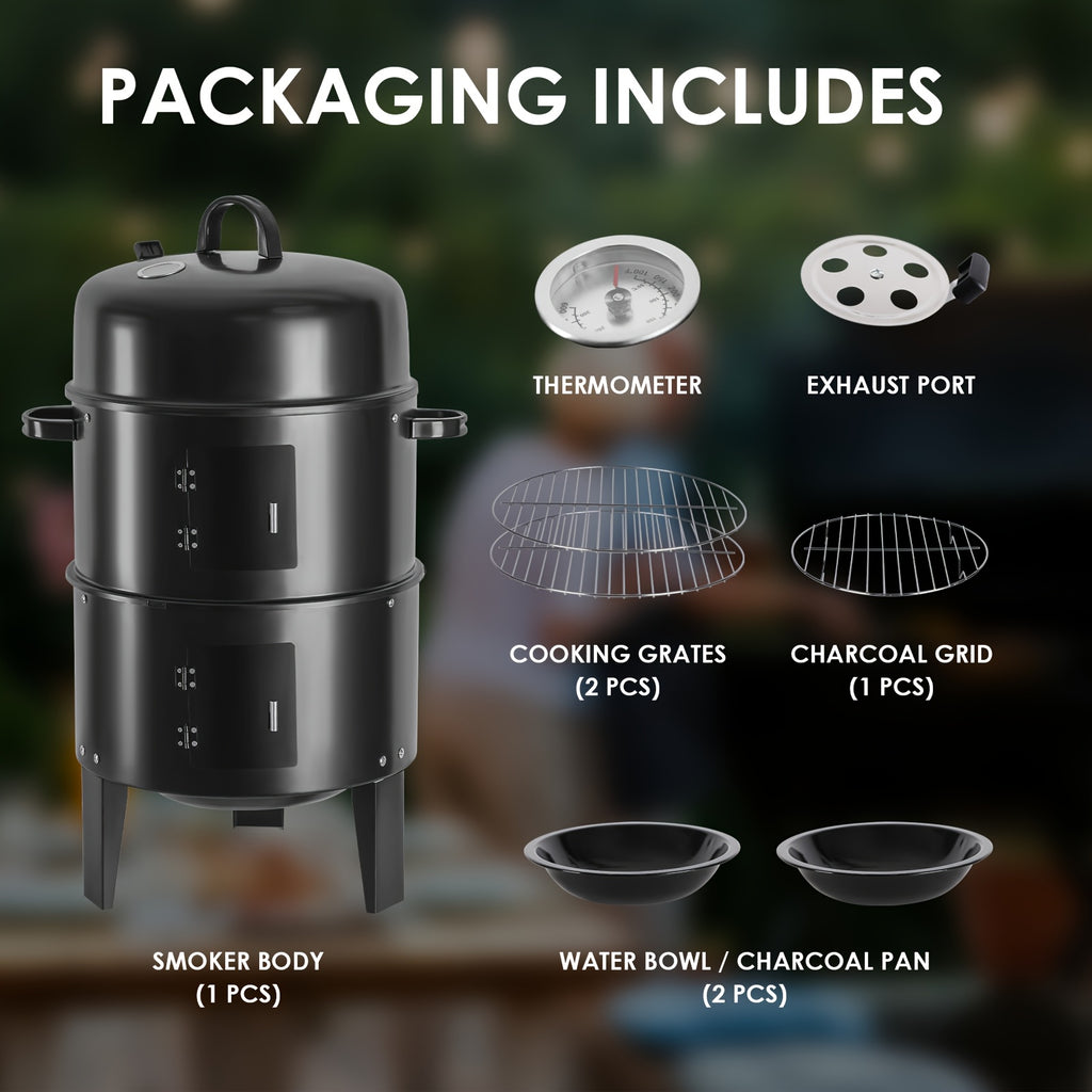 16 Inch 3-Tier Vertical Charcoal Smoker Grill with 2 Free BBQ Tongs, Portable Outdoor BBQ Smoker Grill for Smoking, Grilling & Cooking, Easy Heat Control Charcoal Grill for Camping, Backyard & Patio, Black, Father's Day Gift for Dad, BBQ Lover Gift
