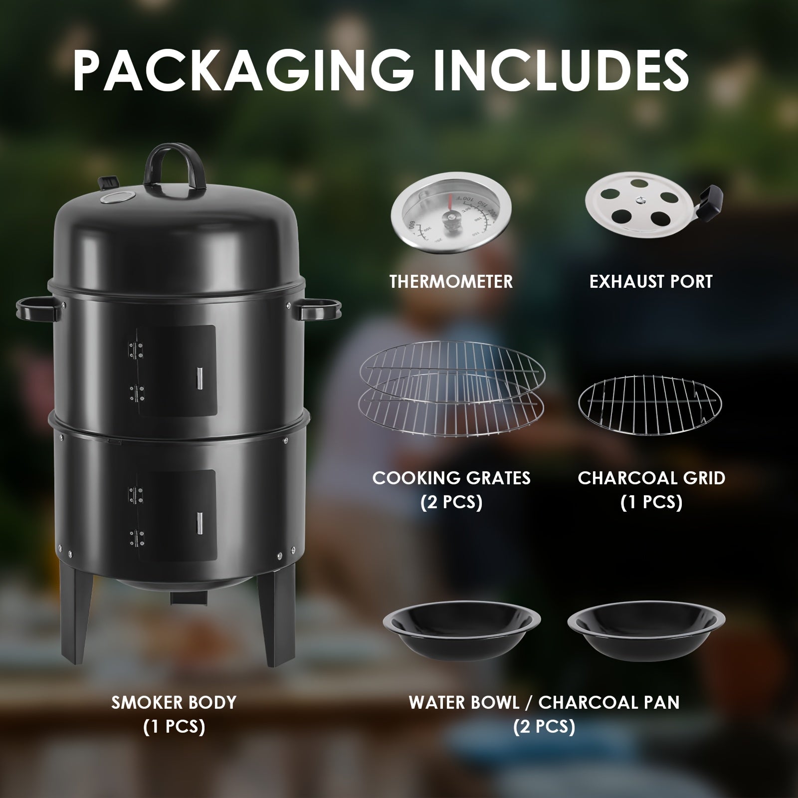 16 Inch 3-Tier Vertical Charcoal Smoker Grill with 2 Free BBQ Tongs, Portable Outdoor BBQ Smoker Grill for Smoking, Grilling & Cooking, Easy Heat Control Charcoal Grill for Camping, Backyard & Patio, Black, Father's Day Gift for Dad, BBQ Lover Gift
