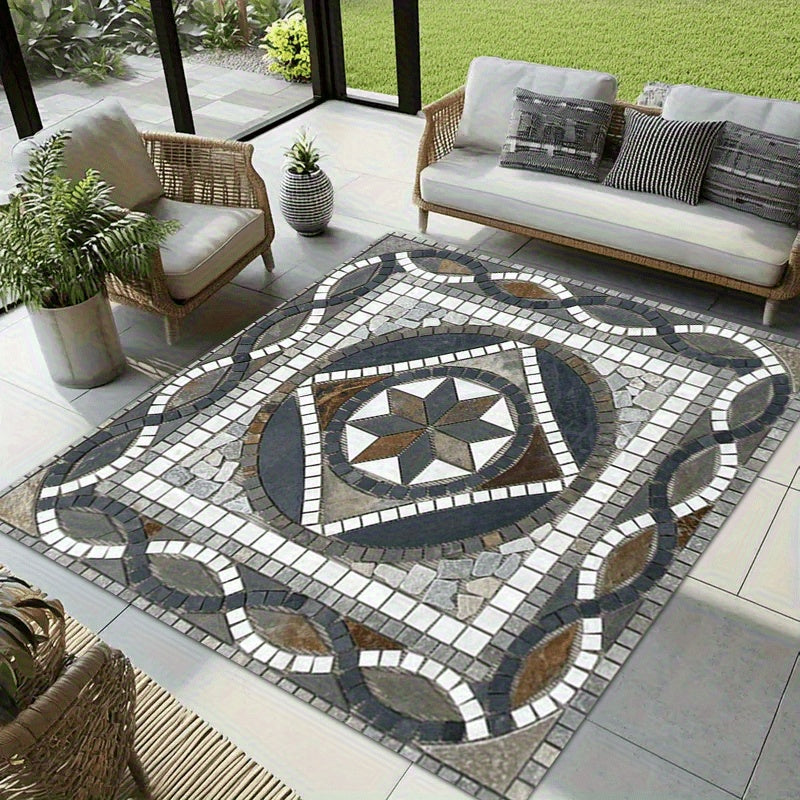 1pc Bohemian Style Retro Marble Print Outdoor Mat, Heavyweight 850gsm Crystal Velvet, Soft & Non-Slip for Christmas/Halloween Patio, Garden, Camping, RV, Beach Party Decor