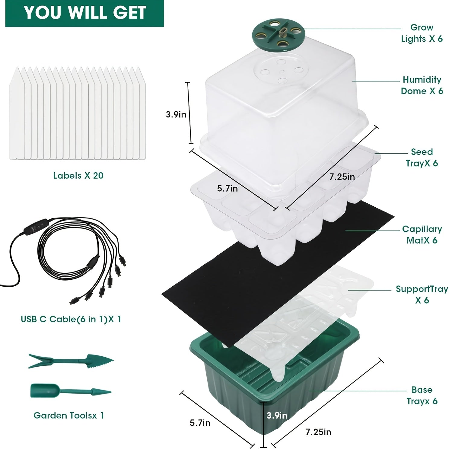 Seed Starter Tray With Grow Light, 6 Pack Seed Starter Kit With Timing Controller Adjustable Brightness, Thicken Seedling Starter Trays With Humidity Domes Heightened Lids, Seed Starter Trays Kit With Grow Light