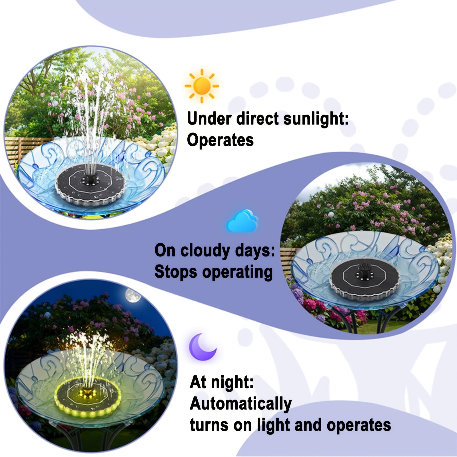 Petal Shape 2-in-1 Bird Bath Fountain Solar & Battery Operated, LED Light IPX8 Waterproof Outdoor Water Fountain For Garden Yard