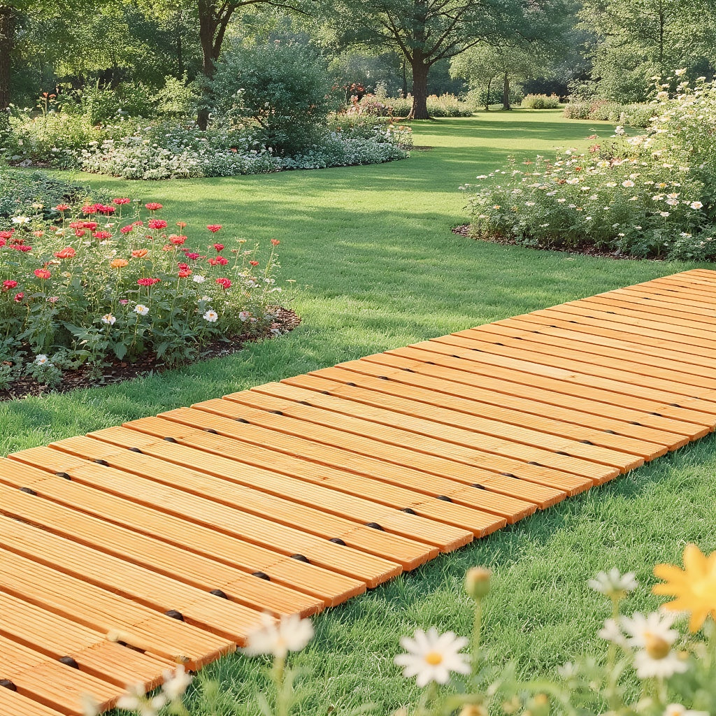 PIYPIY 3FT-16FT Roll-Out Wooden Garden Walkway with Rust-Resistant Steel Wire And Non-Slip Texture, Pavers for Outside Walkway - Suitable for Garden Additions, Backyard Decor, Poolside - Durable Wooden Walkway