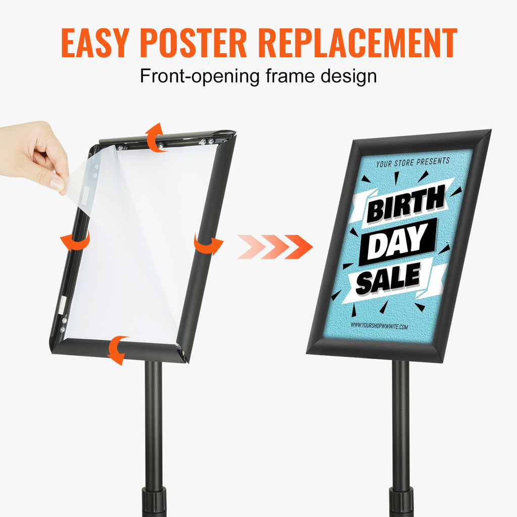 VEVOR Pedestal Sign Holder, 8.5 x 11/17x 11 Inch Vertical and Horizontal Adjustable Poster Stand, Heavy-Duty Floor Standing Sign Holder with Round Base for Display, Advertisement, and Outdoor, Black