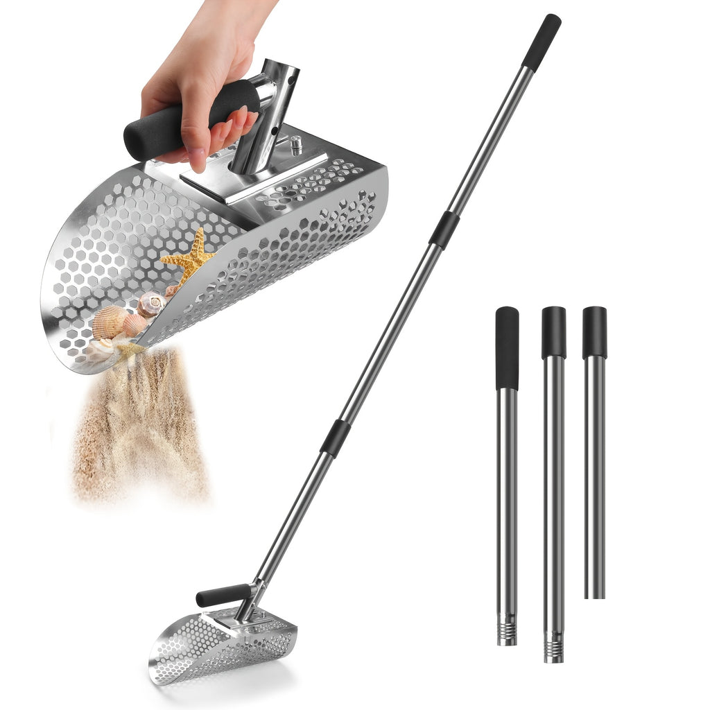 Sand Scoop for Metal Detecting Adjustable Long Handle Sand Shovel Metal Detector Scoop Sand Scoop Sand Sifter Shovel for Adults Stainless Steel Detachable Shovel Length 31"-44" for Beach Underwater Treasure Hunting