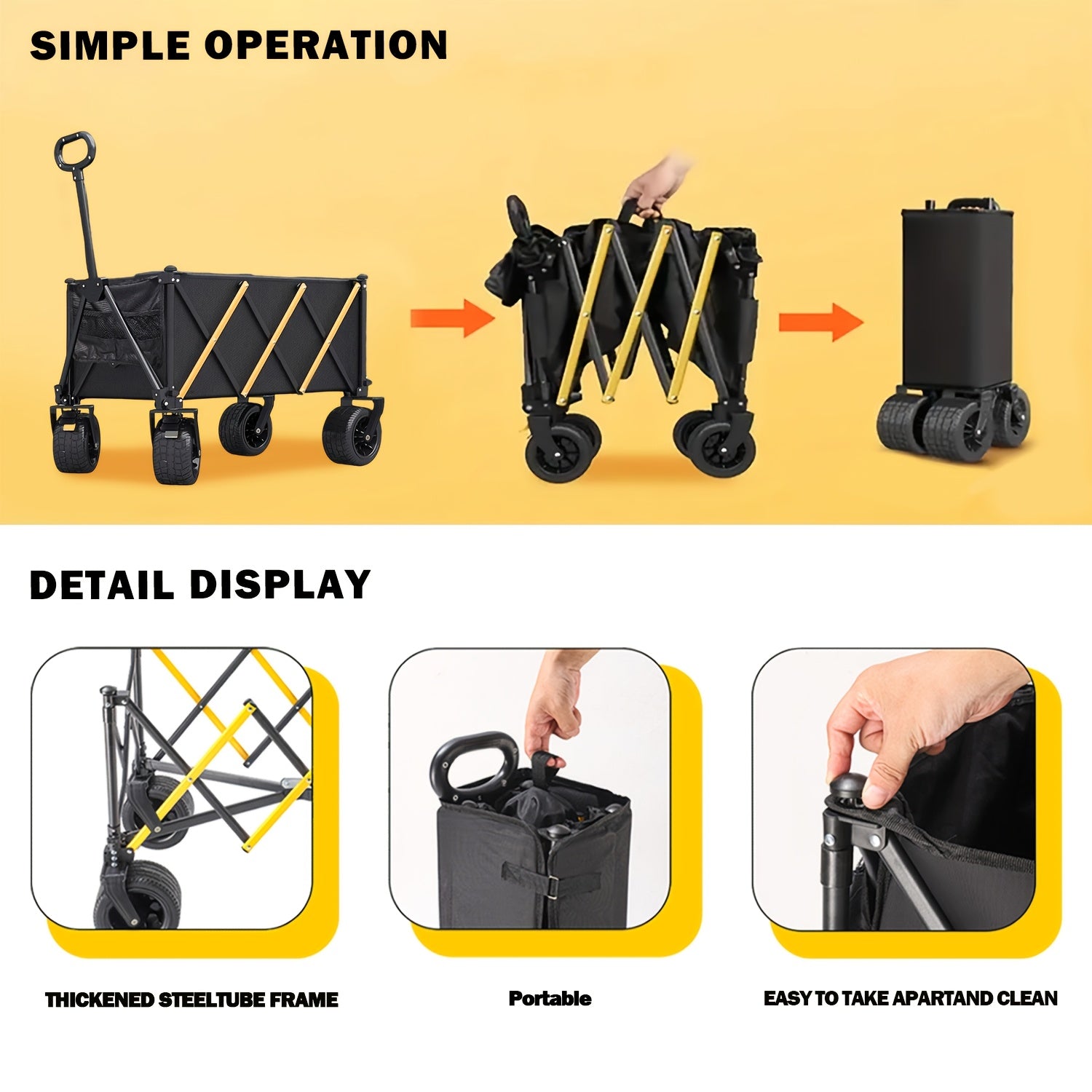 Collapsible Folding Wagon Cart, Large Capacity Camping Wagon, All Terrain Foldable Wagon with Wheels, 2 Cup Holders | Heavy Duty Utility Wagon Cart for Grocery Outdoor Beach Gardening Shopping Fishing Sports Pets Outing, 550 LBS, Black
