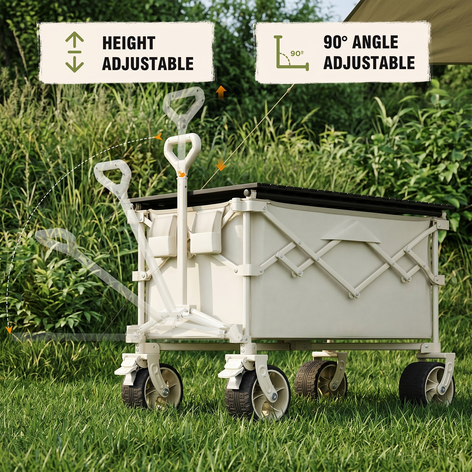 Collapsible Wagon Cart with Canopy And Bamboo Tabletop - Portable Utility Garden Cart for Camping And Outdoor Activities,  Tailgating Supplies, Foldable Design, Compact Storage, Easy Assembly, Sturdy Frame, Event Organizers