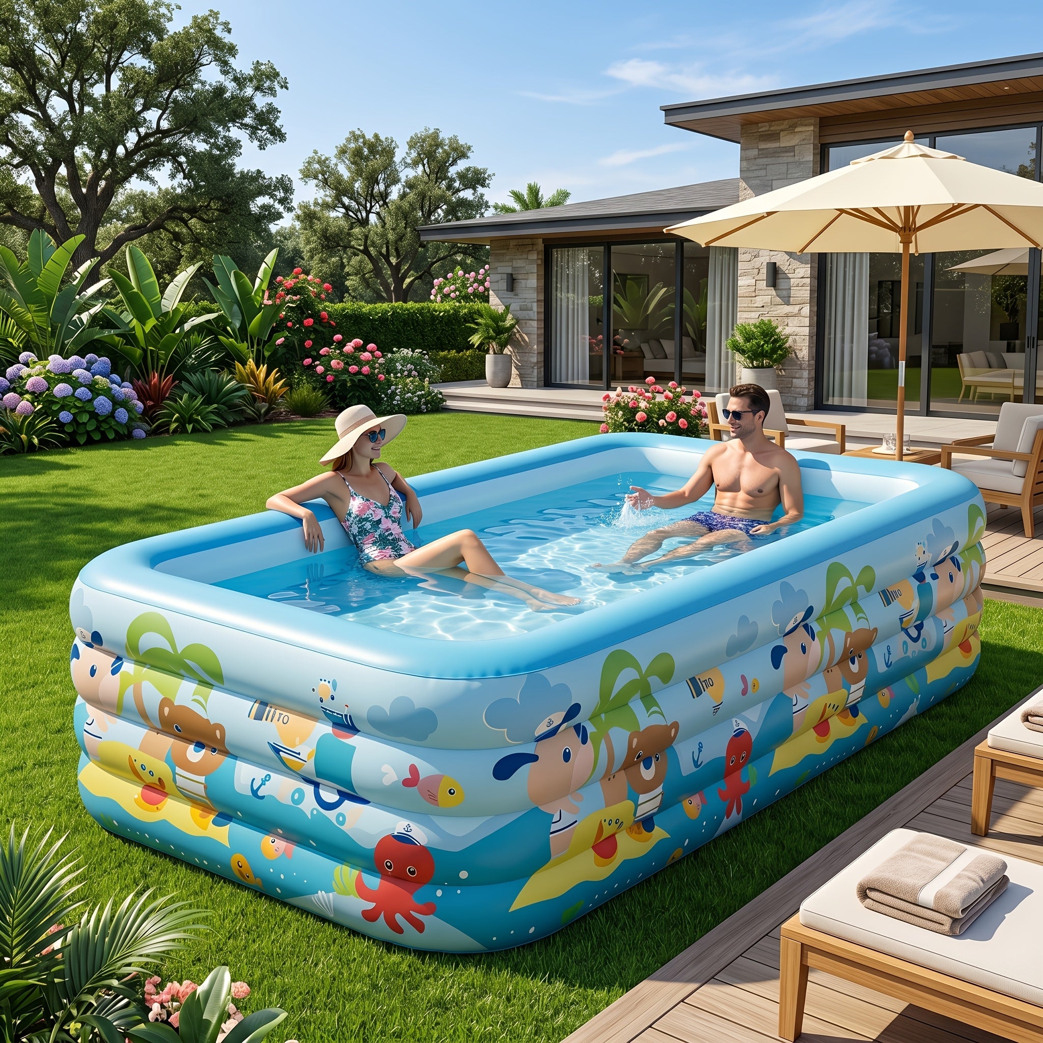 Extra Large Rectangular Thickened PVC Family Inflatable Swimming Pool, Perfect for Summer Outdoor Parties And Water Fun. Easy to Set Up, Wear-resistant And Leak-proof. Ideal for Gardens And Backyards, A Must-have for Summer Cooling And Heat Relief.