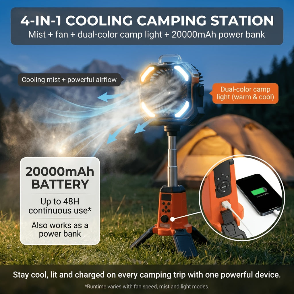 31-INCH TAZTIR 20000mAh Dual Motor Camping Basic/Mist/Mist + Scalable Fan|4in 1-FAN & Humidifier & Lantern & Power Bank, Height Adjustable, with Lighten, 100 Speeds(Stepless Adjustment), Remote Control, Portable with Hook for Tent, Ideal for Camping