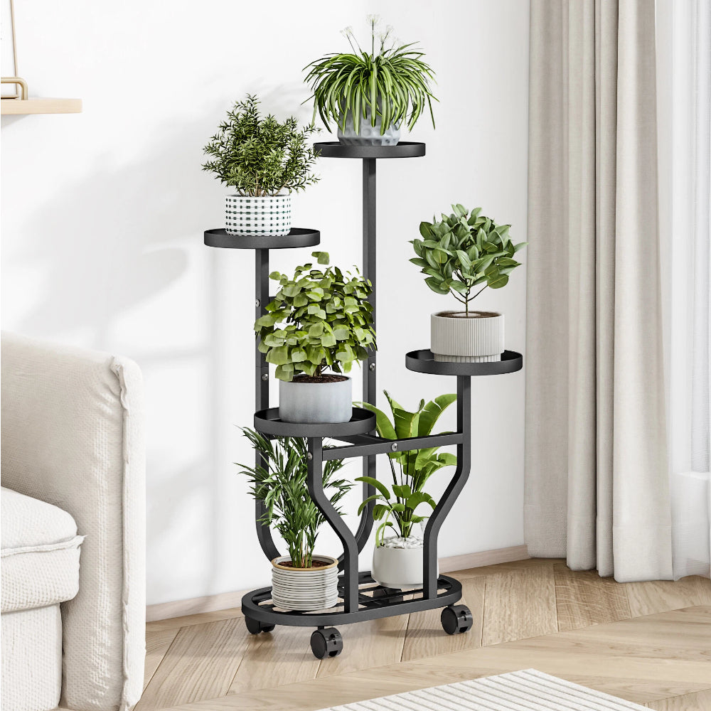 Sturdy Plant Display Rack Suitable for Both Indoor And Outdoor Use, Featuring Wheels for Easy Mobility. This Heavy-Duty Metal Shelf Is Designed to Hold Various Plants, Making It Perfect for Patios, Corners, Gardens, Living Rooms, And Balconies