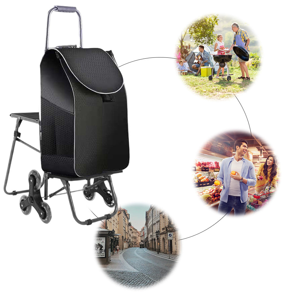 Climbing Stairs Luggage Cart Trolley with Waterproof Bag & Chair Folding Grocery Shopping Trolley Portable Folding Cart with Climbing Stair Wheels for Effortless Grocery Transport