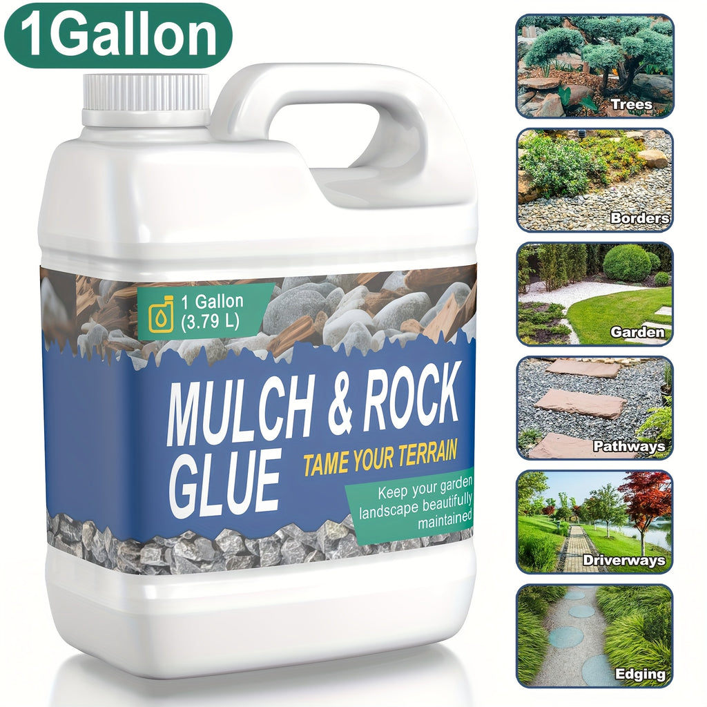 1 Gallon of Strong Liquid Mulch Adhesive - Safe And Fast-Drying Landscape Glue, Suitable for Pea Gravel, Pine Straw, Rocks & Concrete - Weed-Resistant Binder, Driveway Stabilizer, Durable for Outdoor Use | 1 Gallon | 72 Oz | 36 Oz