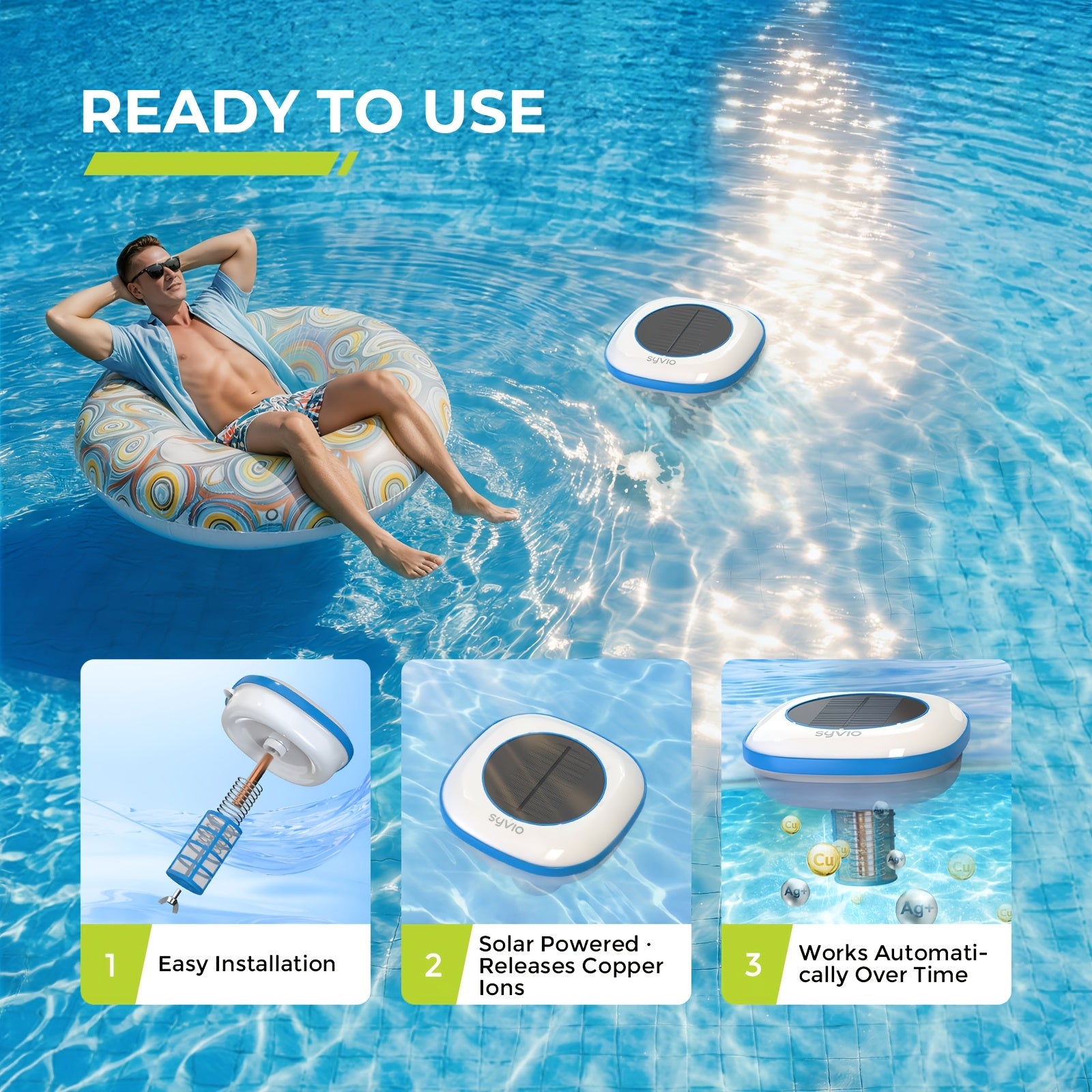 Solar Powered Pool Ionizer, Chemical-Free Floating Water Purifier for Fresh, Saltwater Pools Up to 45, 000 Gallons, Chlorine Saver, Includes Brass Parts, Cleaning Brush, Reusable Summer Must-Have