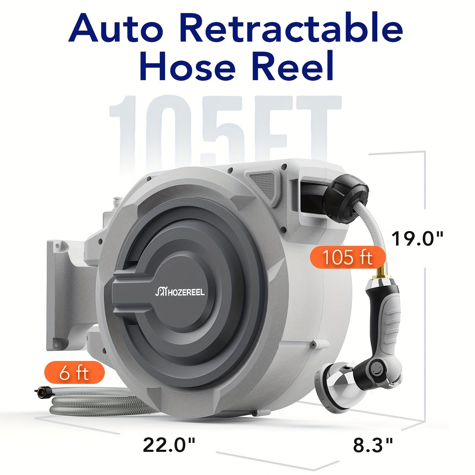110FT X 1/2" Retractable Garden Hose Reel by HOZEREEL, Outdoor Garden Hose Reels - Automatic Self Retract Wall Mount Hose Reel Enclosed Storage, Any Length Lock, 10 Pattern Nozzle-Grey
