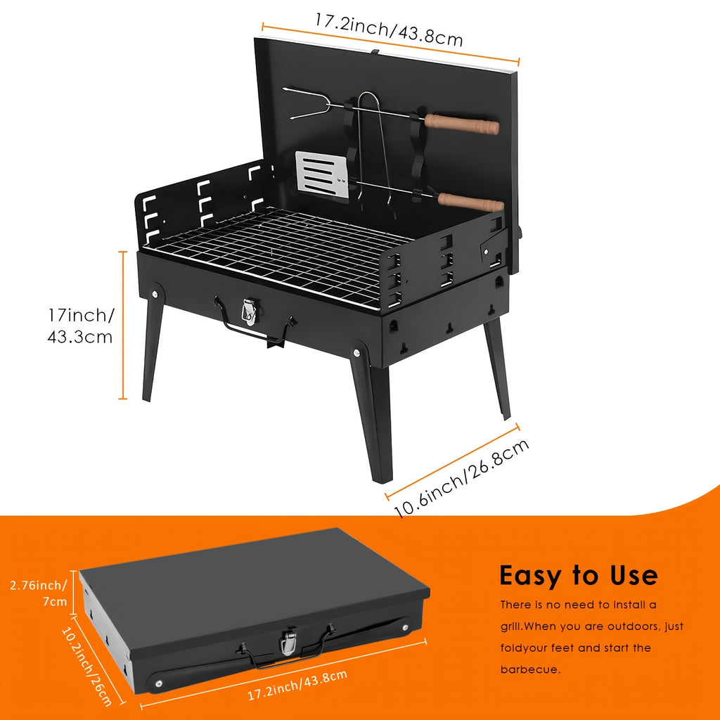 Backyard Buddy, Portable Charcoal Grill with Hood - Compact folding grill for outdoor picnics and backyard cooking, accessories included.