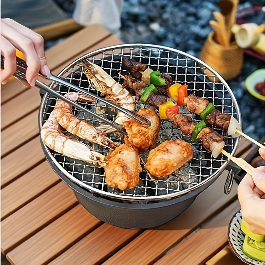 1pc Round Outdoor Cast Iron Durable Portable Grill, Charcoal BBQ Pizza Grill, Wooden Board with Stainless Steel Mesh Tray for Tea Cooking, BBQ Portable, Non-Flammable Suitable for Outdoor Camping, Family BBQ Cup