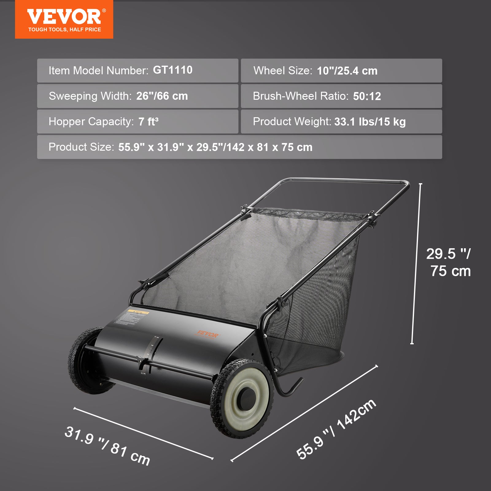VEVOR Push Lawn Sweeper, 21-inch Leaf & Grass Collector, Strong Rubber Wheels & Heavy Duty Thickened Steel Durable to Use with Large Capacity 3.5 cu. ft. Mesh Collection Bag, 2 Spinning Brushes