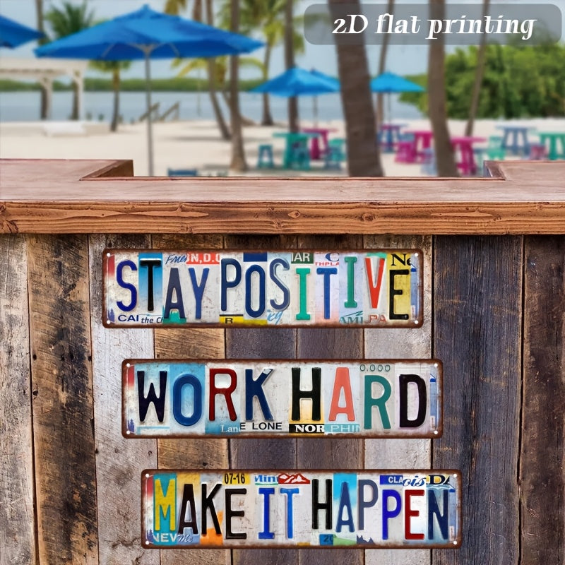 3pcs Retro Plate Letter Art Metal Sign "Stay Positive" "Work Hard" "Make It Happen" Long Strip Motivational Wall Decor Street Sign For Home Office Gym Garage