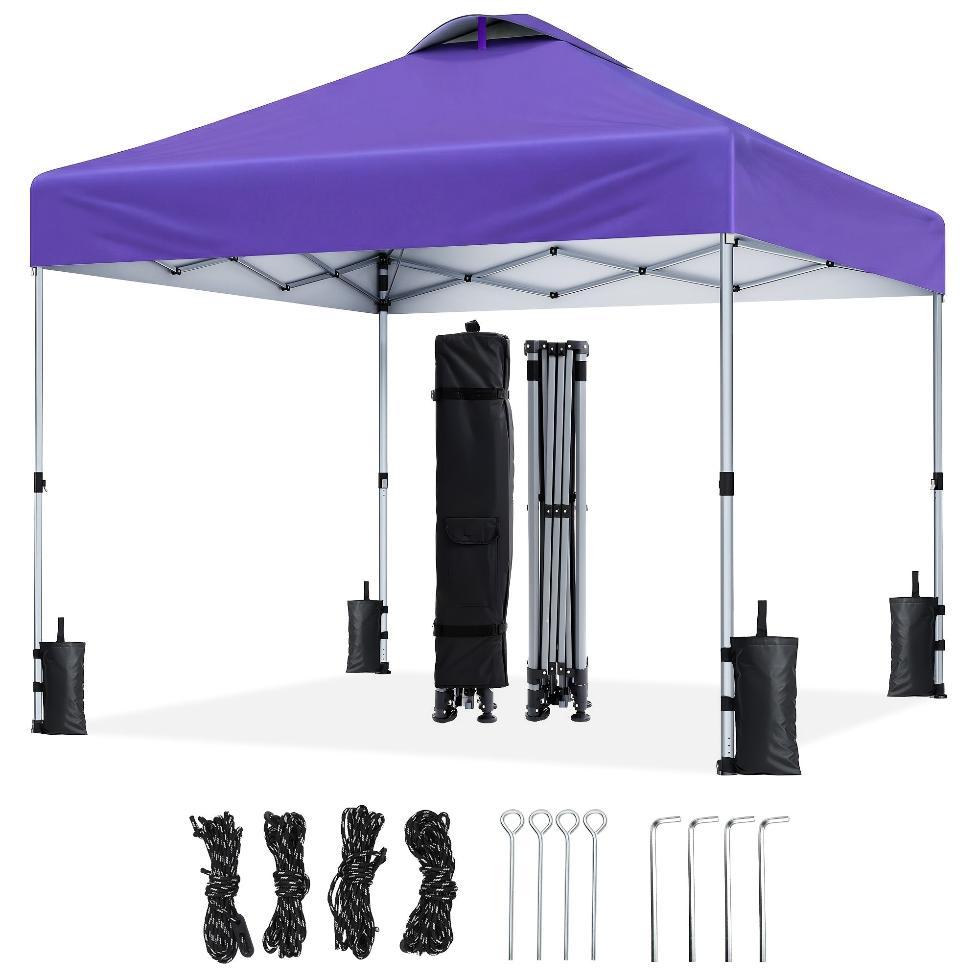 A 10X10Ft Gazebo That Is a Portable Outdoor Shelter Featuring One-Step Assembly, Adjustable Height, And Comes with a Storage Bag, Eight Ground Pegs, And Four Sandbags. It Has an Easy-To-Install Canopy, Making It Ideal for Beach Trips, Camping