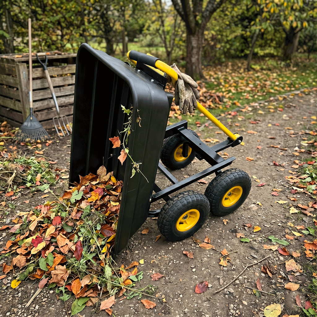 Multi Functional Heavy-duty Four-wheel Garden Handcart, Heavy-duty Steel Frame Structure, Plastic Body, All Terrain Outdoor Yard Handling Vehicle With D-shaped Handle Steering, Suitable For Outdoor Gardening, Lawn, Farm, And Building Handling