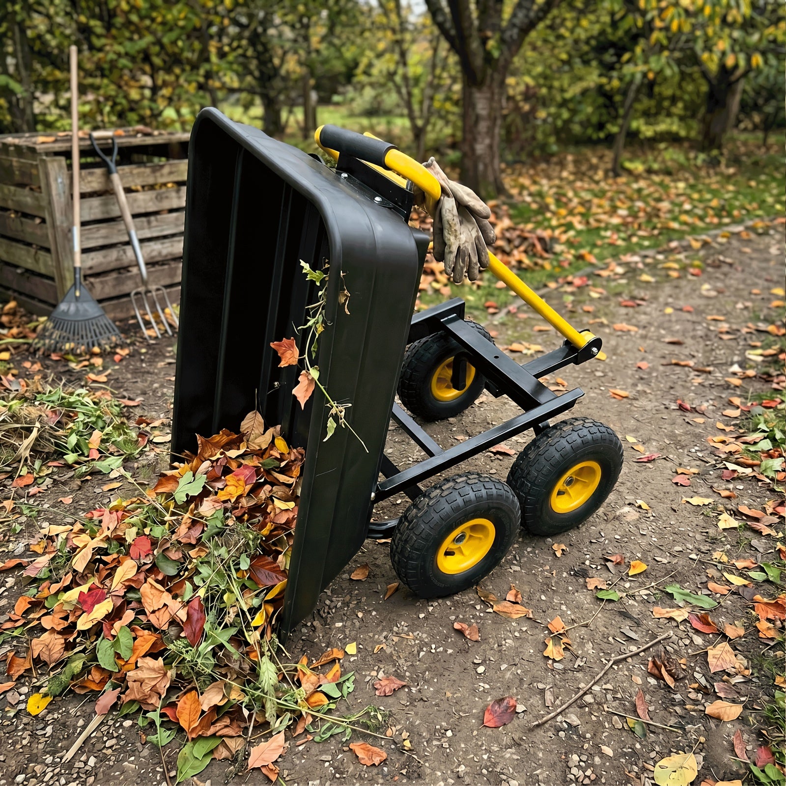 Multi Functional Heavy-duty Four-wheel Garden Handcart, Heavy-duty Steel Frame Structure, Plastic Body, All Terrain Outdoor Yard Handling Vehicle With D-shaped Handle Steering, Suitable For Outdoor Gardening, Lawn, Farm, And Building Handling