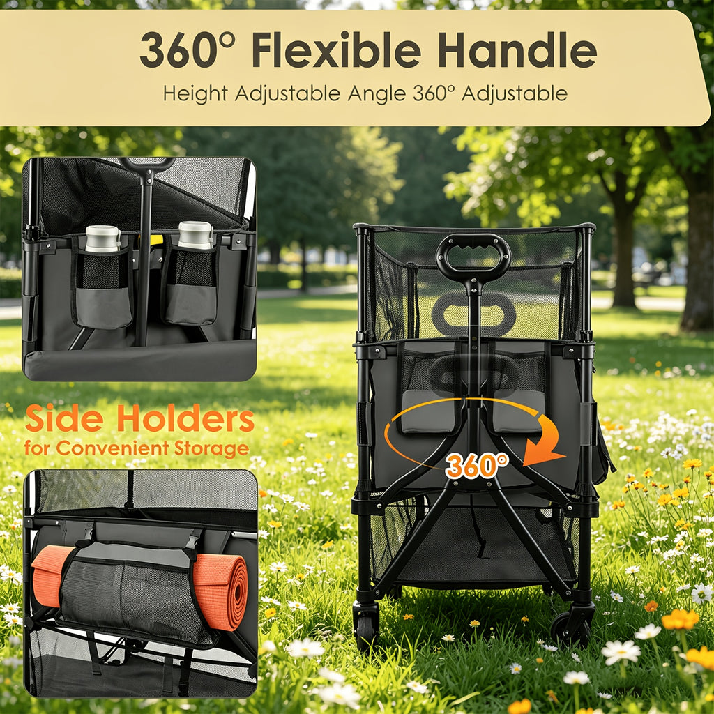 XXL Foldable Double Deck Wagon Cart, 54in Extended Size Collapsible Utility Cart with Tailgate, 8in All-Terrain Large Wheels, Heavy Load Capacity for Camping Beach Sports Grocery