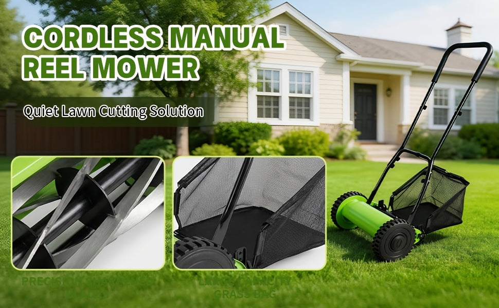 Durable Steel Construction, Precision-cut for Perfect Stripes, 12-inch 5-blade Manual Reel Push Mower, High-strength Steel Blades, Grass Catcher, Ergonomic U-shaped Handle, Dual-wheel Design. No Electricity Required, Suitable for Residential
