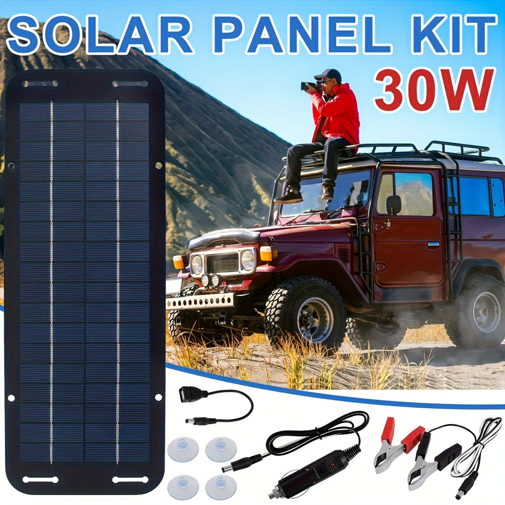 Portable 30W Solar Panel IP65 12V Solar Battery Charger Kit, Trickle Charger Maintainer for Camping Outdoor Home Car RV Boat Marine Trailer Automotive