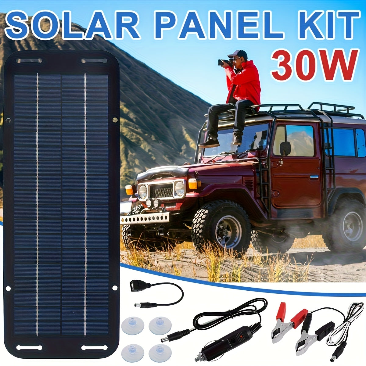 Portable 30W Solar Panel IP65 12V Solar Battery Charger Kit, Trickle Charger Maintainer for Camping Outdoor Home Car RV Boat Marine Trailer Automotive