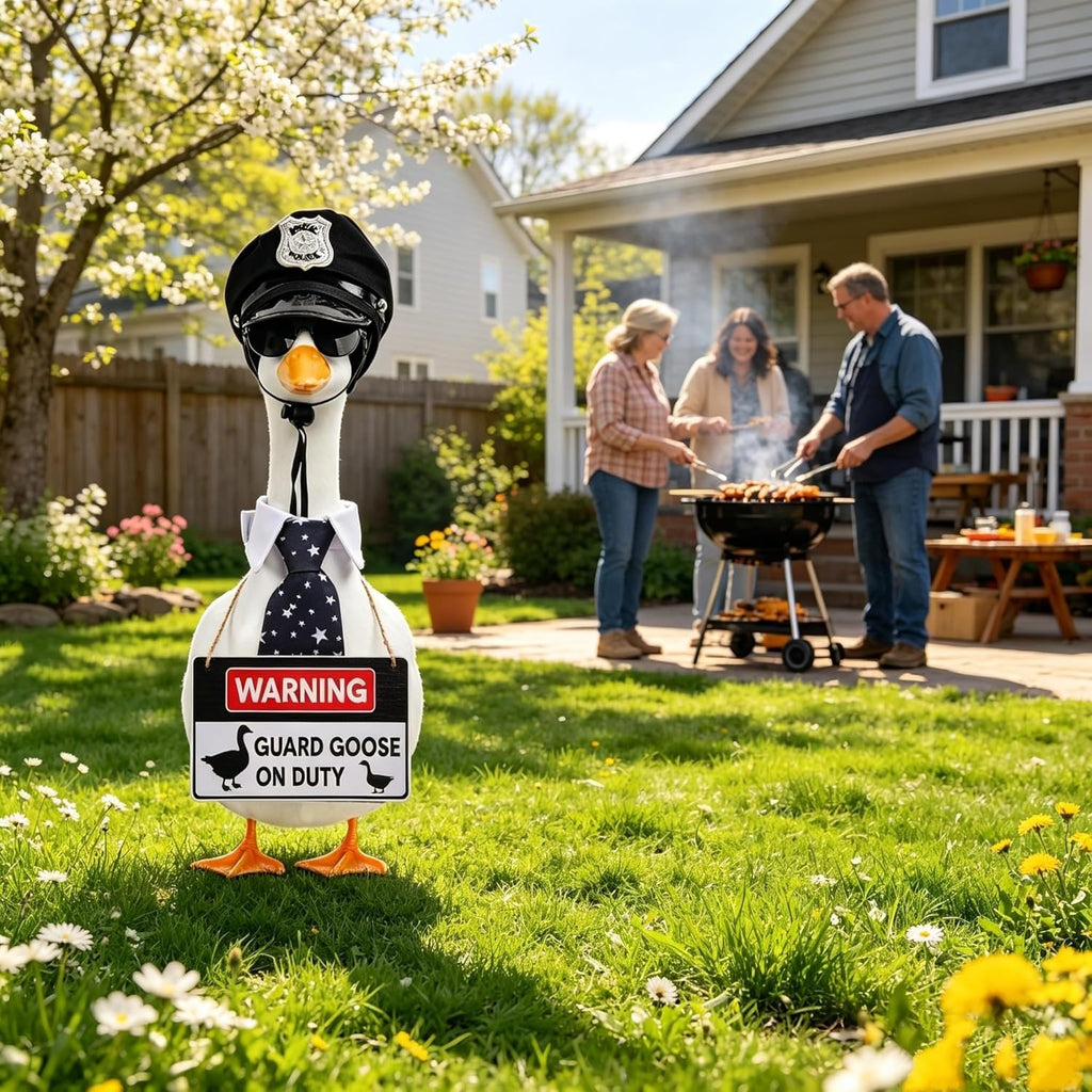 4 Pieces23 Inch Porch Goose Outfit Police Guard Costume With Hat Fashion Glasses Tie Warning Sign, Funny Security Themed Lawn Goose Clothes For 23 Inch Large Garden Goose Statue, Yard Porch Decor Gift (Goose Not Included)