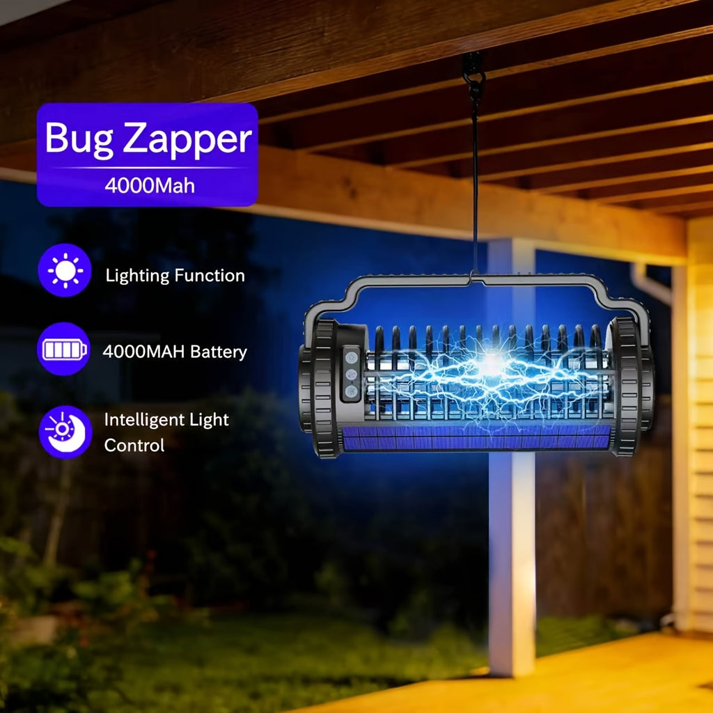 Solar Bug Zapper & Mosquito Killer Lamp - UV, Auto-Sensor, Dual Charging (Solar + USB) With 4000mAh Battery, Lighting Mode, For Indoor/Outdoor, Camping, Patio, Effectively Traps & Kills Mosquitoes, Flies, Gnats, Fruit Flies Mosquito Trap.