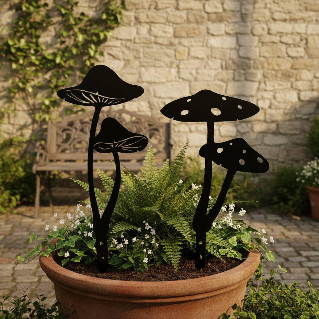 2pcs Metal Mushroom Garden Stakes, Metal Mushroom Silhouette Statue Decorations, Outdoor Decorative Garden Statue Stake, Garden Decor, Yard Decor, Lawn Decor