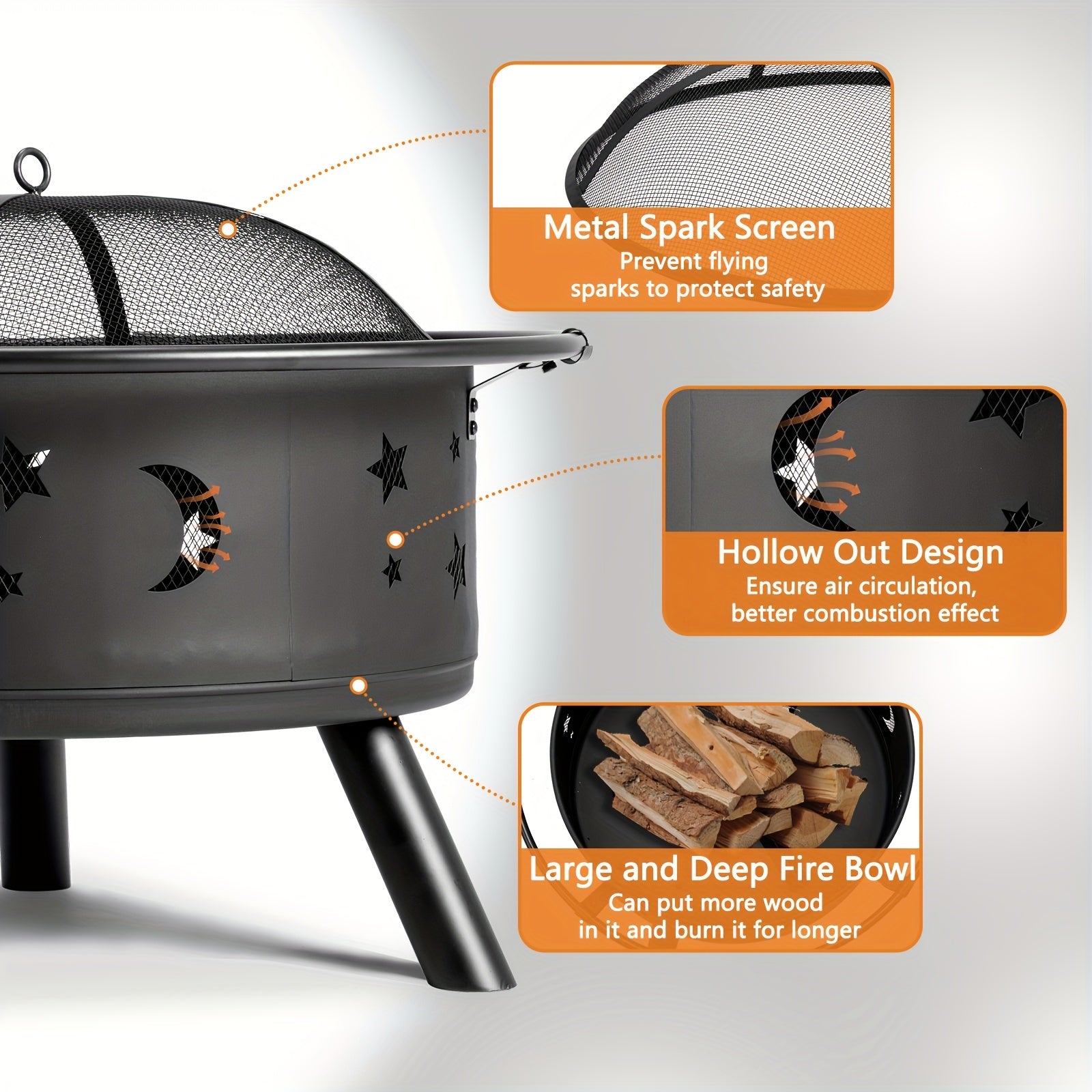 LEADZM 30in Round with Carrying Ring Mesh Lid Star And Moon Hole Wood Burning Fire Pit Iron Black