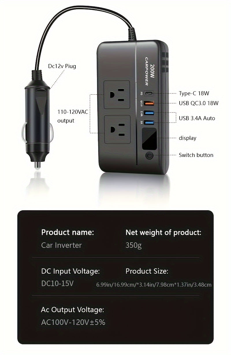1pc 200W Car Inverter DC 12V to 110V AC Power Inverters for Vehicles with PD 20W USB-C, Dual USB Ports And QC3.0 Fast Charging Ports Car Charger Adapter And with Cigarette Lighter Hole