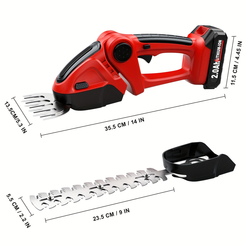 Battery-Powered Hedge Trimmer 21V Cordless Electric Hedge Trimmer and Grass Shears, 2-in-1 Handheld Lawn Trimmer/Shrub Cutter, Lightweight and Portable, Suitable for Home Garden, Landscape, Lawn, Farm, with Blades, 2000mAh Battery and Charger