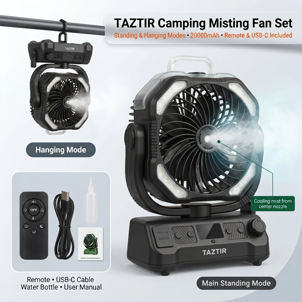 31-INCH TAZTIR 20000mAh Dual Motor Camping Basic/Mist/Mist + Scalable Fan|4in 1-FAN & Humidifier & Lantern & Power Bank, Height Adjustable, with Lighten, 100 Speeds(Stepless Adjustment), Remote Control, Portable with Hook for Tent, Ideal for Camping
