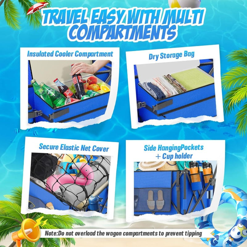 [Beach Cart & Wagon] Heavy-Duty Large Wheel Beach Cart & Transport Wagon with 450 lbs Capacity, 68.68gal Capacity, 9-Inch All-Terrain Tires, Foldable Design, Adjustable Handlebar & Storage Bag & Cooler - Sturdy Multi-Layer Carbon Steel Frame, Reinforced P