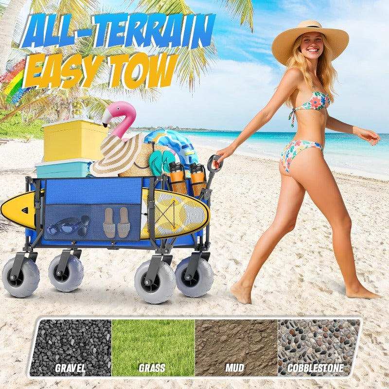 [Beach Cart & Wagon] Heavy-Duty Large Wheel Beach Cart & Transport Wagon with 450 lbs Capacity, 68.68gal Capacity, 9-Inch All-Terrain Tires, Foldable Design, Adjustable Handlebar & Storage Bag & Cooler - Sturdy Multi-Layer Carbon Steel Frame, Reinforced P