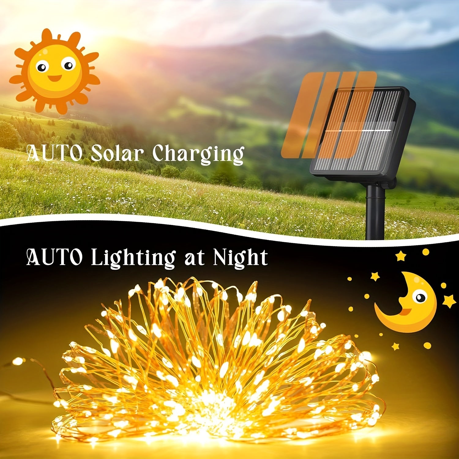 2 Pack of 104/39.3FT (300/100LED) Solar Outdoor Lights, Outdoor Solar String Lights, Copper Wire 12 Pattern Solar Tale Lights Garden Yard Tree Christmas Party Wedding (Warm White ) Nimh Battery with Cable Management Reel IP65