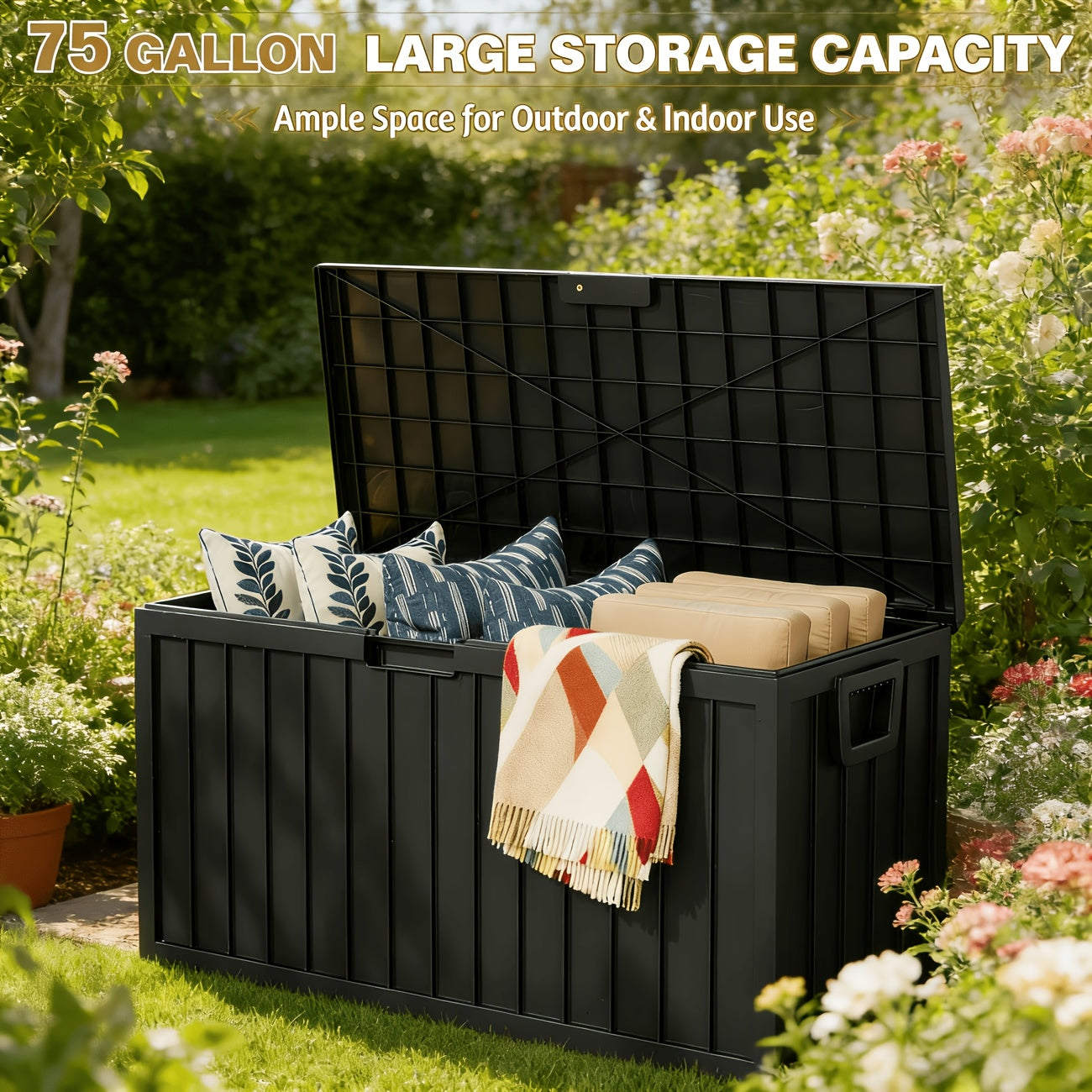 75 Gallon Waterproof Outdoor Storage Box with Handles And Wheels, Lockable Deck Box for Pool Accessories Patio Decor Garden Tools Camping Gear Holiday Gift, Easy to Assemble, Outside Cabinet Rack Toy Organization Containers, Box,Cabinet,Rack