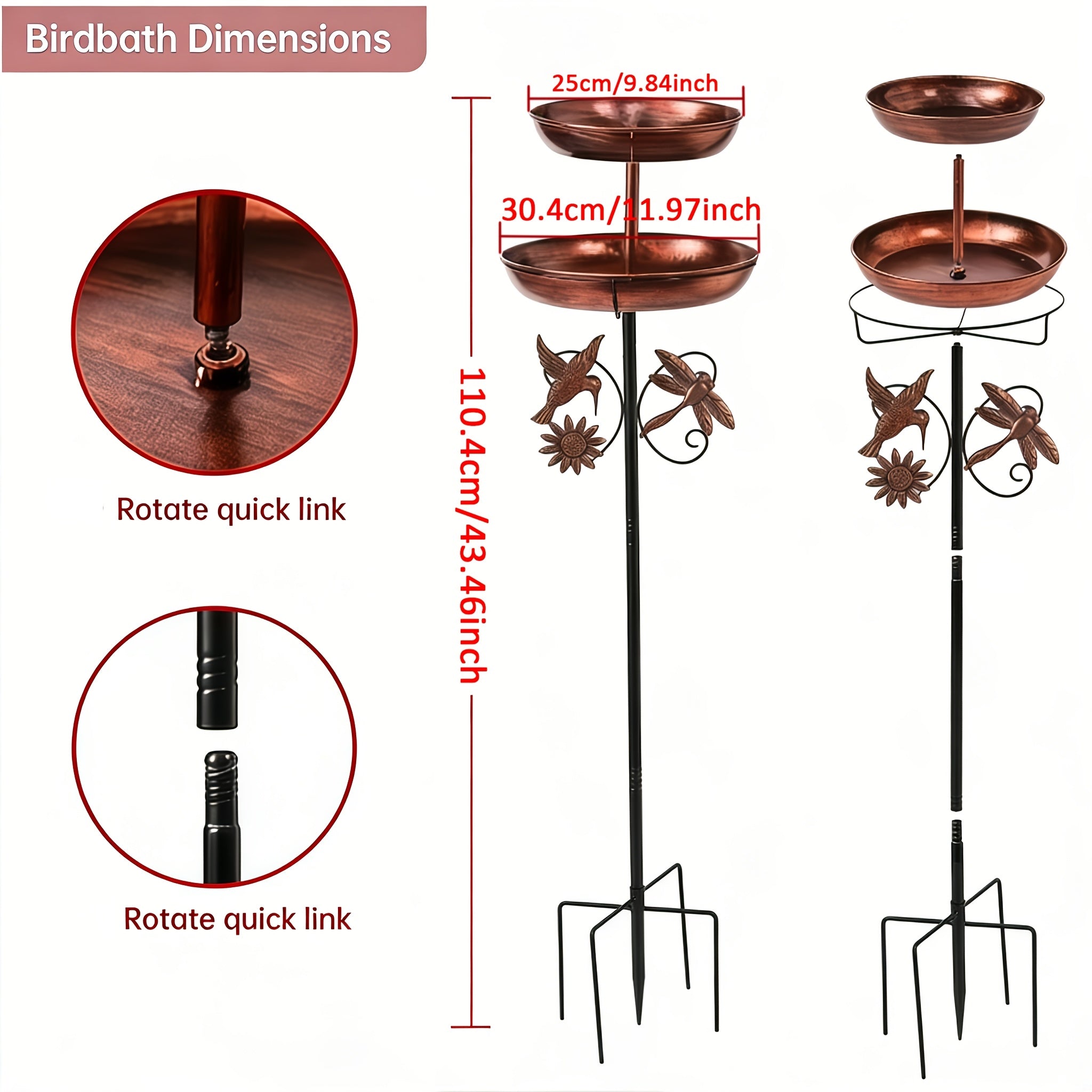 Retro Double-layer Metal Bird Bath Feeder. Detachable Basin for Feeding & Bathing. with Hummingbird & Dragonfly Decor. Ideal for Gardens, Patios, Courtyards, Lawns. Upgraded 5-claw Base, Anti-toppling, Stable And Durable.