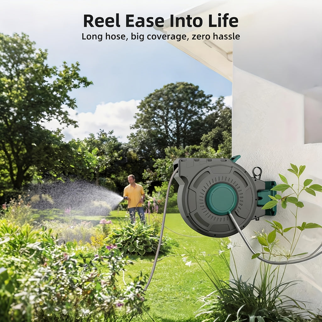 100' X 1/2" Retractable Garden Hose Reel, Outdoor Garden Hose Reel - Automatic Self-Retracting Wall Mount Hose Reel Enclosed Storage, Any Length Lock, 10 Nozzle Patterns - Blue