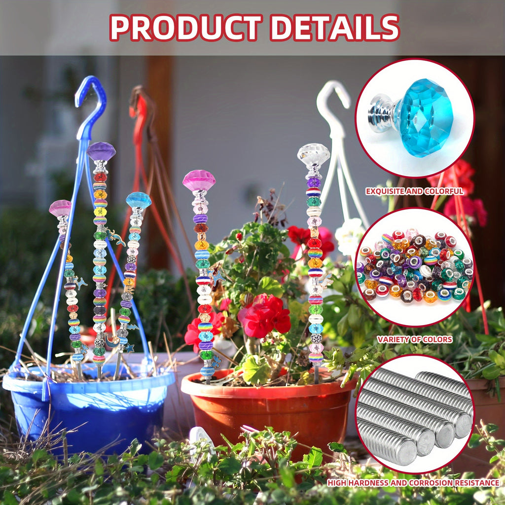 129pcs Garden Stakes Decorative Beaded Garden Stakes with Crystal Stopper Top Round Glass Bead Silver Bail Bead with Pendant Silver Bead for Outdoor Decoration
