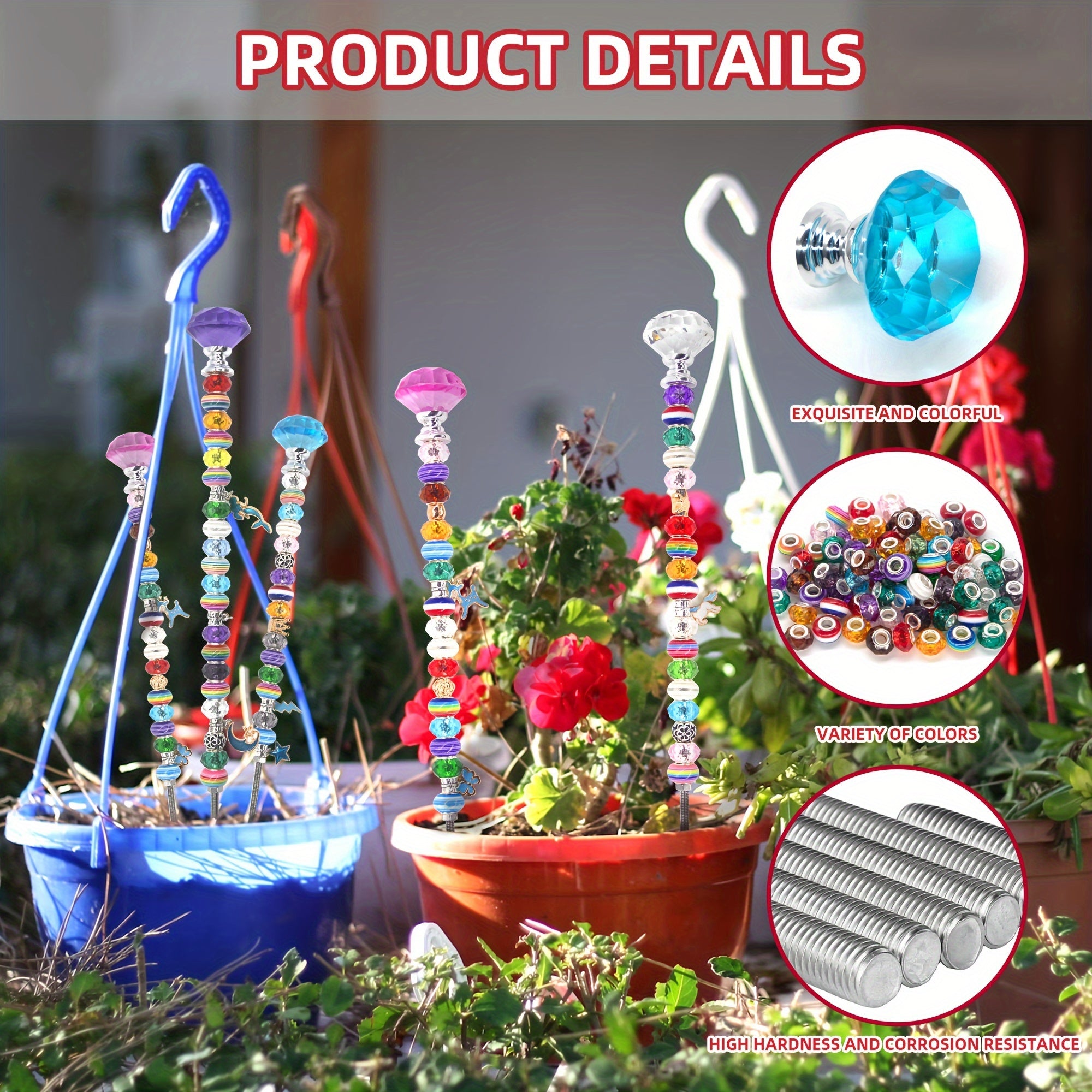 129pcs Garden Stakes Decorative Beaded Garden Stakes with Crystal Stopper Top Round Glass Bead Silver Bail Bead with Pendant Silver Bead for Outdoor Decoration